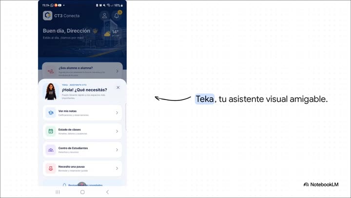 Pantalla de Teka, asistente de orientación del prototipo CT3 Conecta