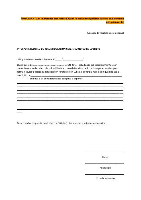 Modelo de recurso de reconsideración con jerárquico en subsidio