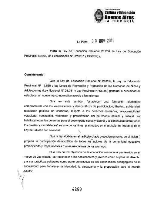 Primera página de la Resolución Provincial 4288/11