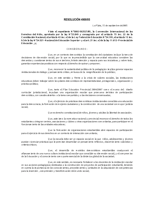 Primera página de la Resolución Provincial 4900/05